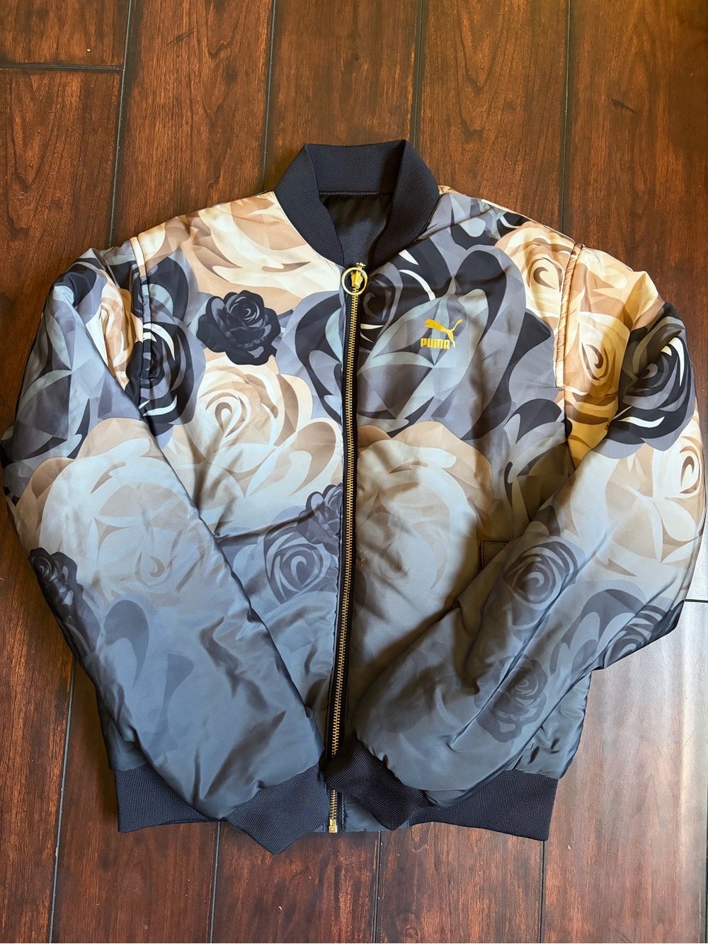 Puma X Careaux Satin Bomber Jacket Womens Reversible Floral Rose Print and Black